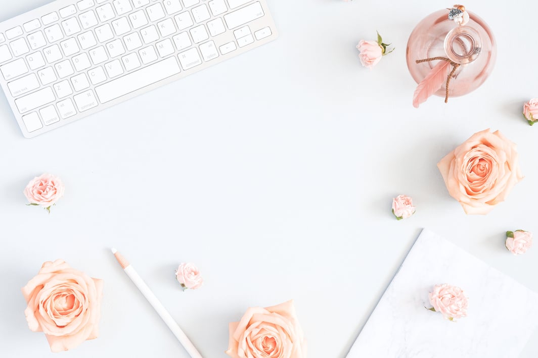 Feminine desk workspace. Flat lay, top view, copy space