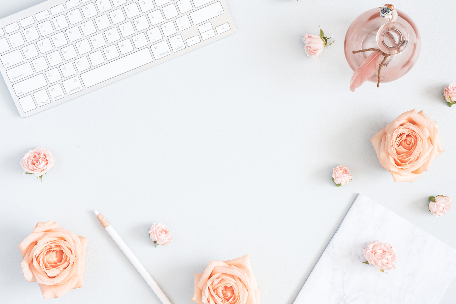 Feminine desk workspace. Flat lay, top view, copy space